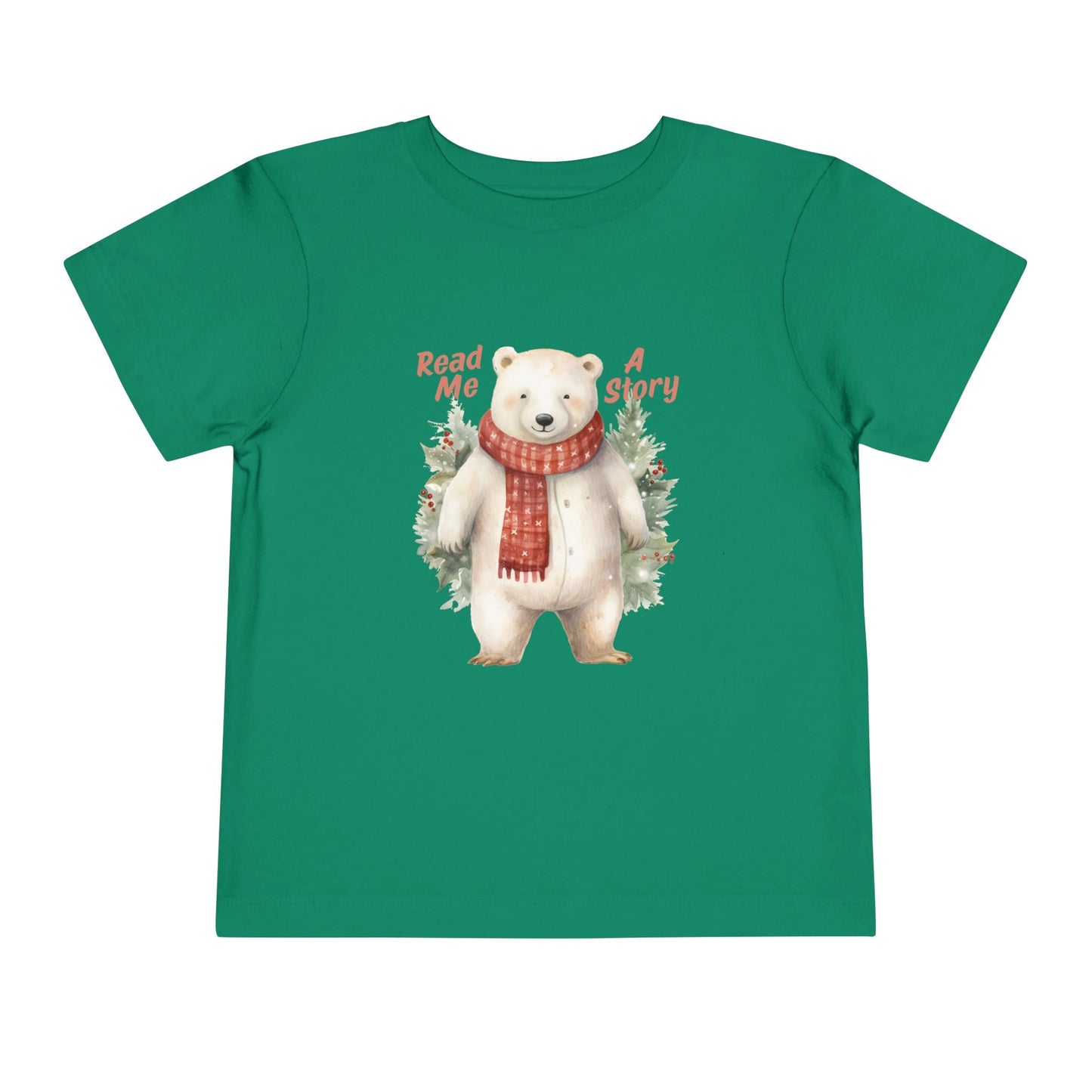 Green toddler t-shirt with a polar bear wearing a scarf, surrounded by trees and text 'Read Me A Story' on a white background
