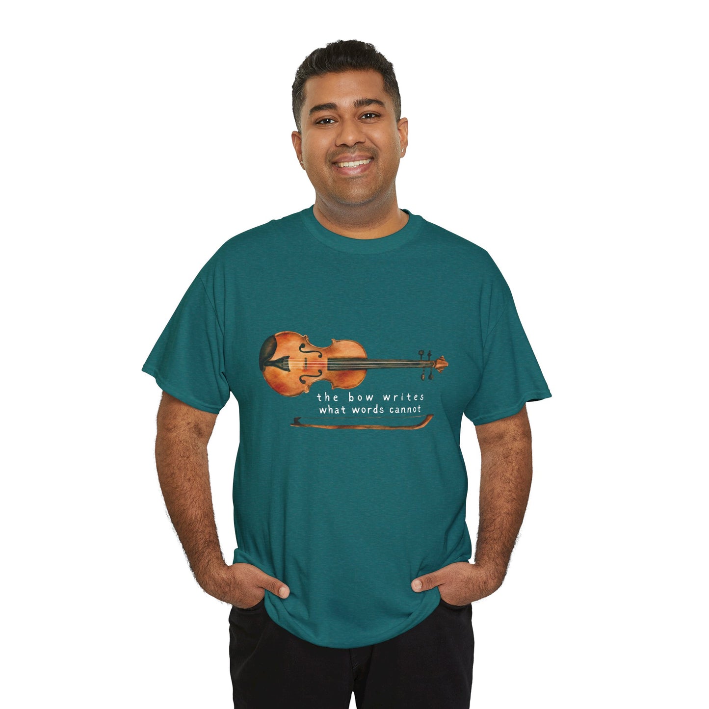 Man wearing a teal t-shirt with a violin graphic and text 'the bow writes what words cannot'