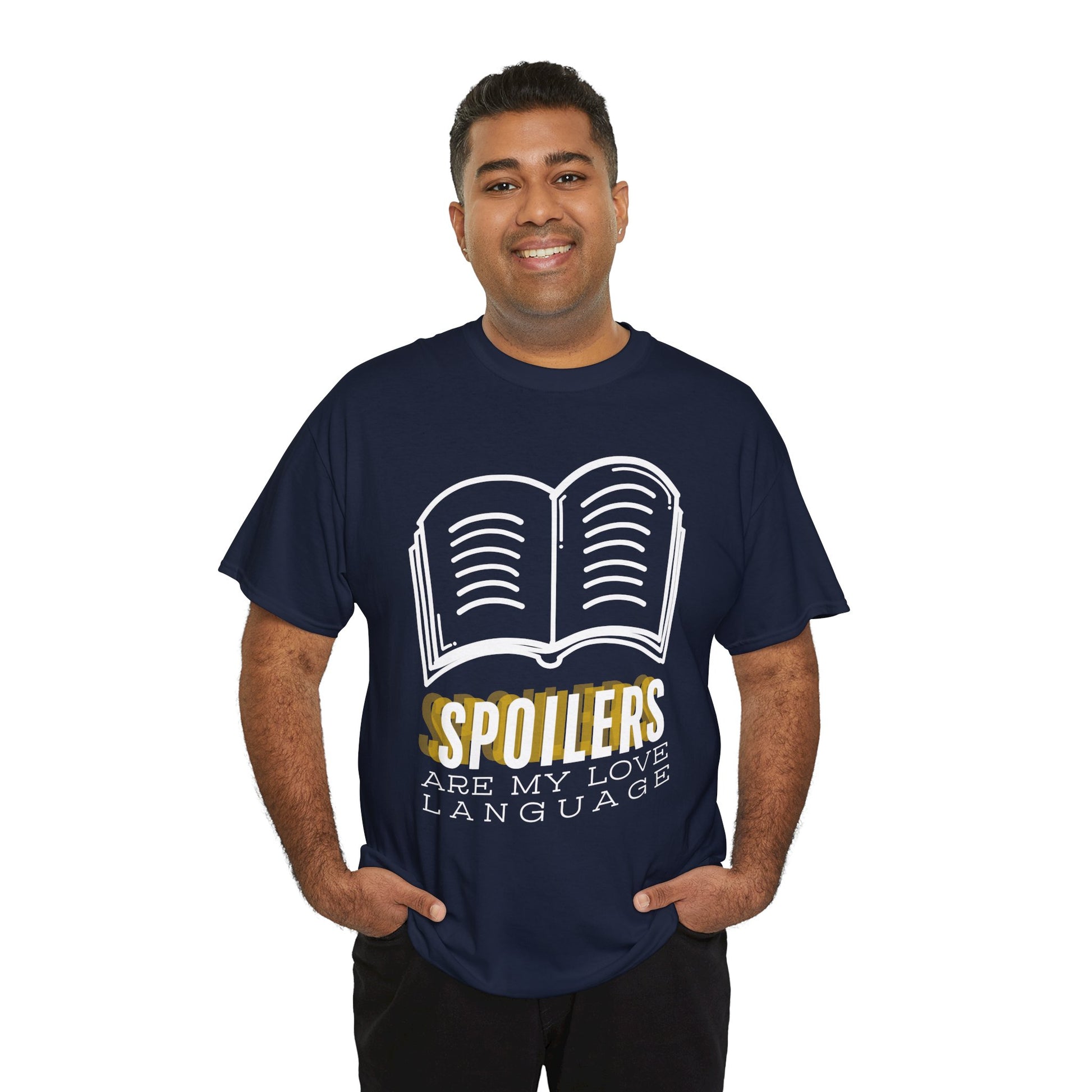 Man wearing a navy blue t-shirt with a white book graphic and text 'SPOILERS are my love language'