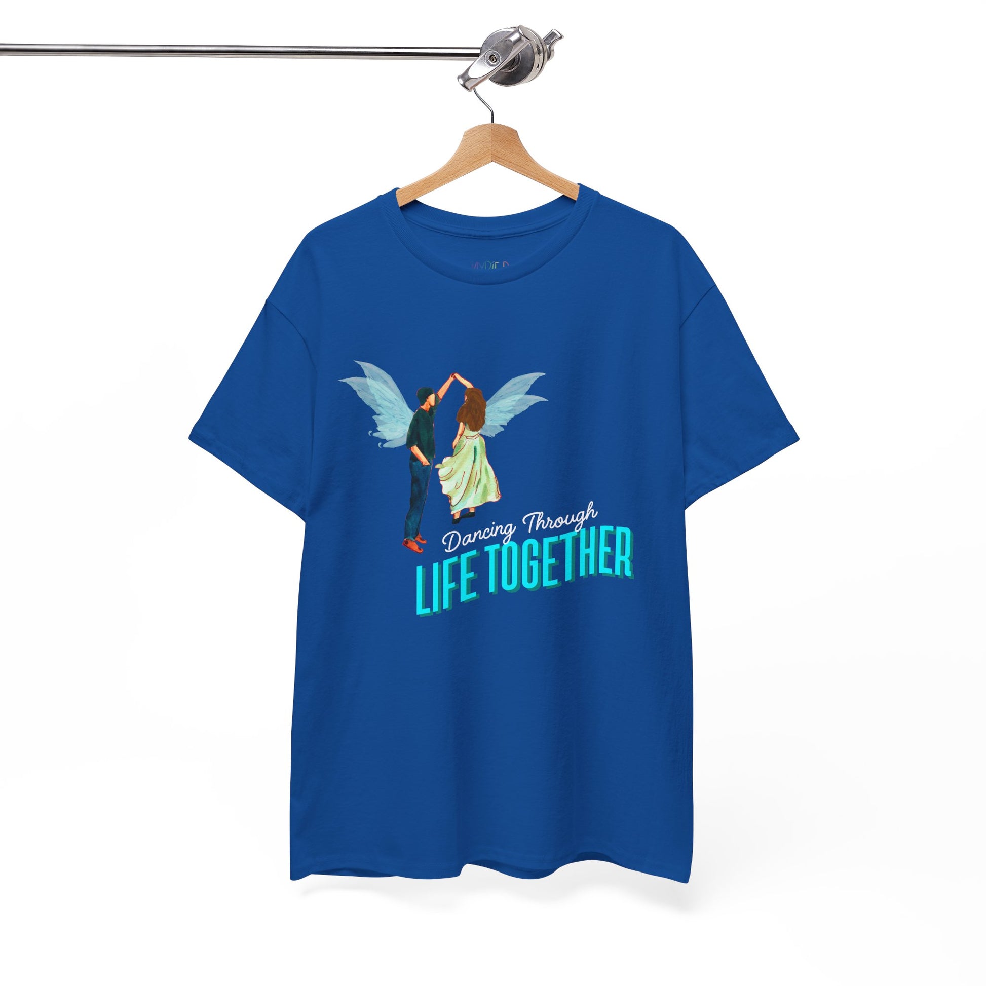 Blue t-shirt with two fairies dancing and text 'Dancing Through Life Together' 