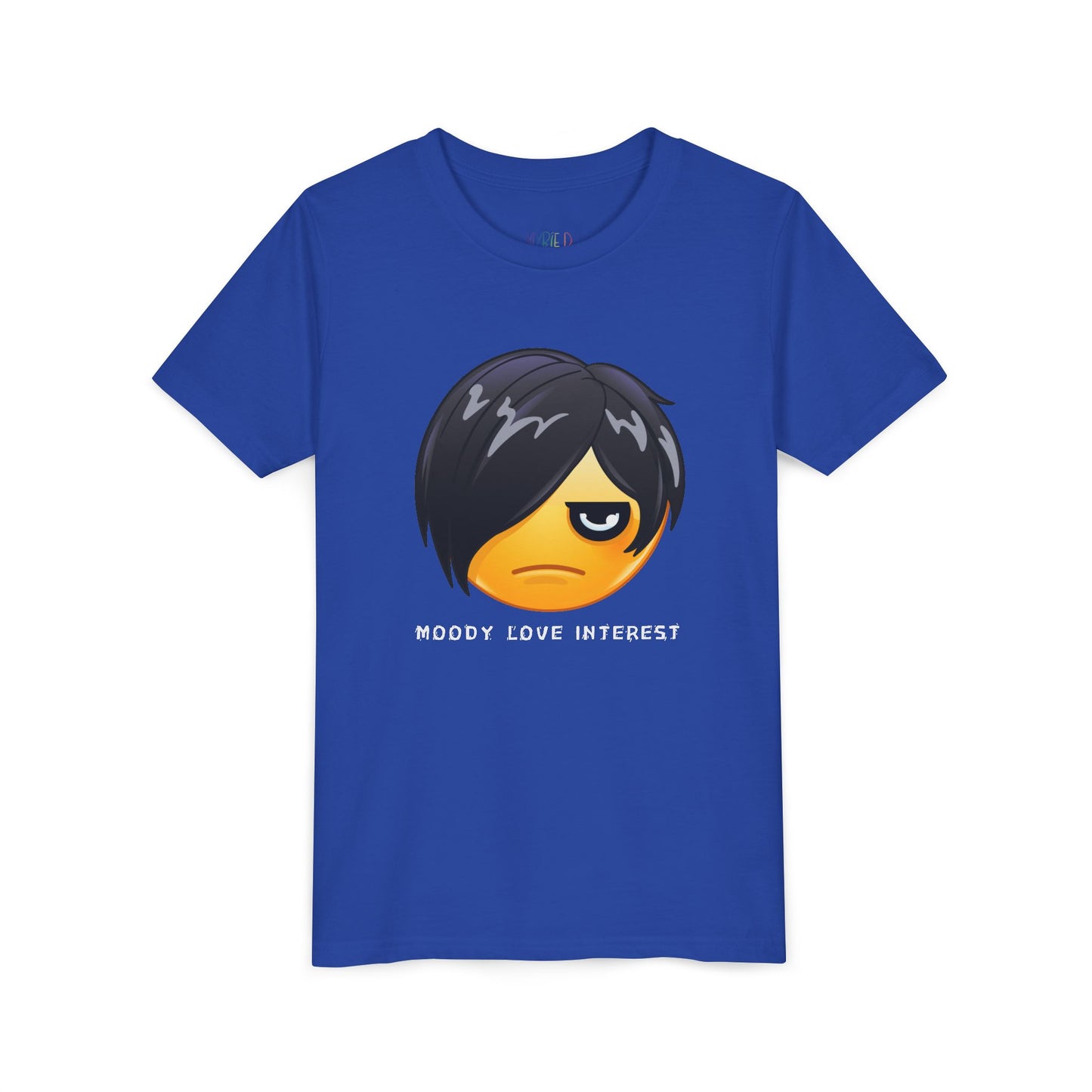 Blue t-shirt with a moody emoji and text 'moody love interest'