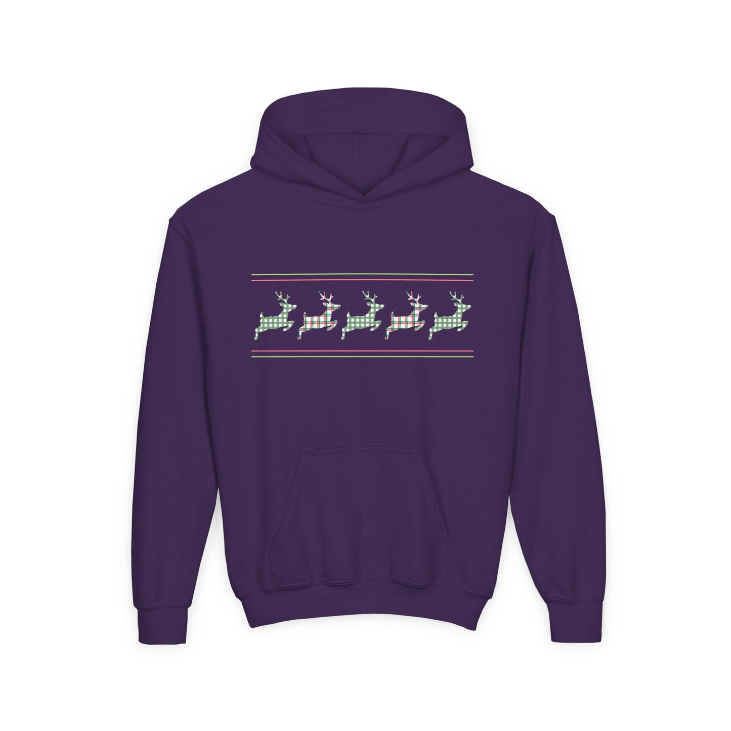 Youth Plaid Reindeer Parade Hoodie â€“ Classic Holiday Pattern Printify
