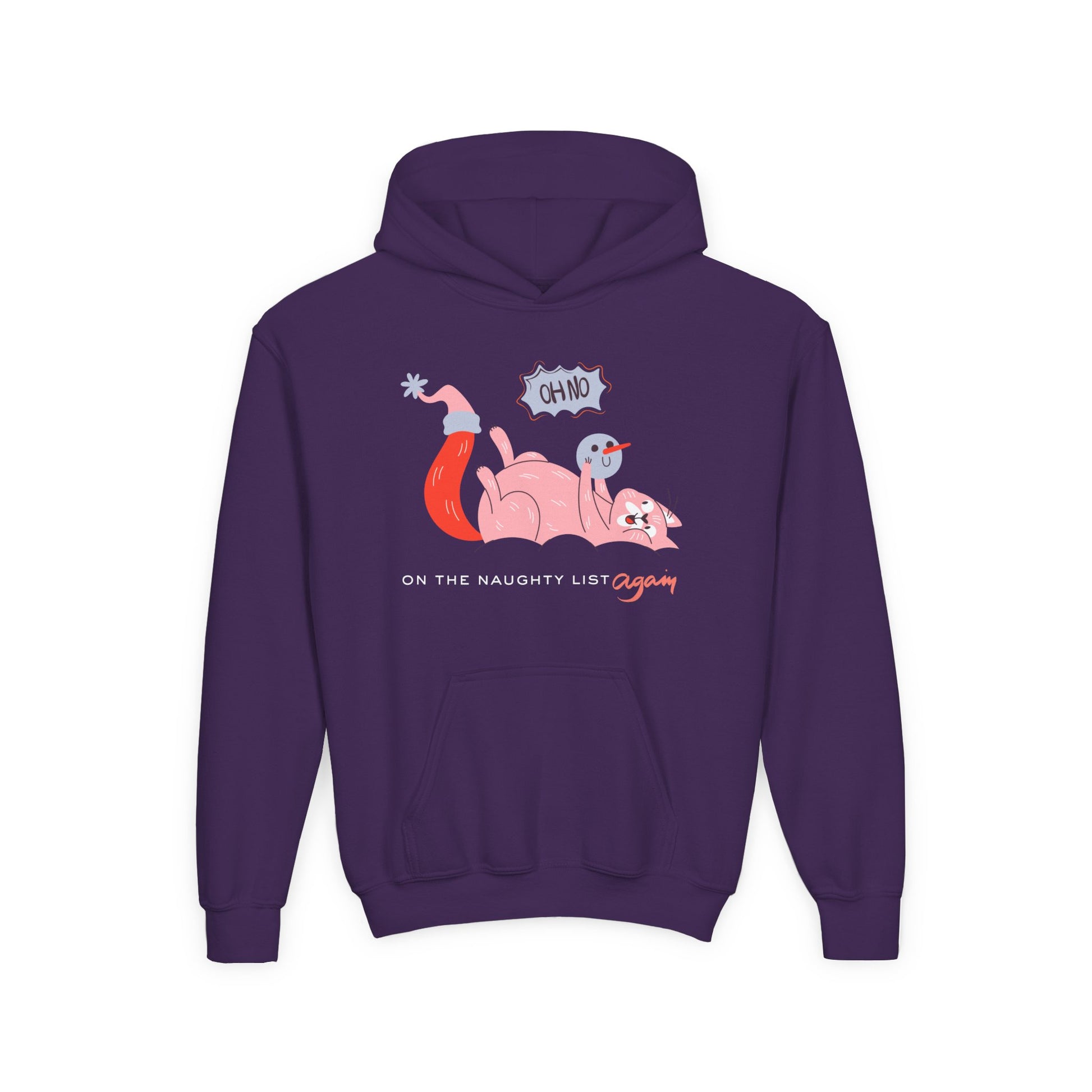 Purple hoodie with pink cartoon cat laying on it's back, holding a snowman head and text "Oh No, On The Naughty List Again". 
