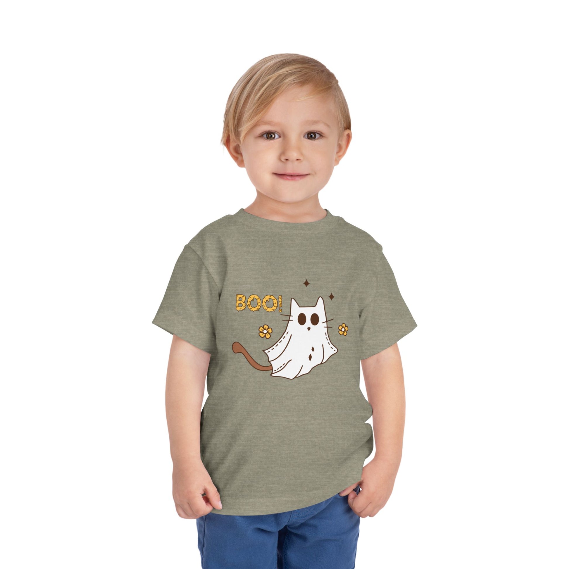 Gray/brown toddler t-shirt with a cat dressed as a ghost and text 'BOO!' on a white background