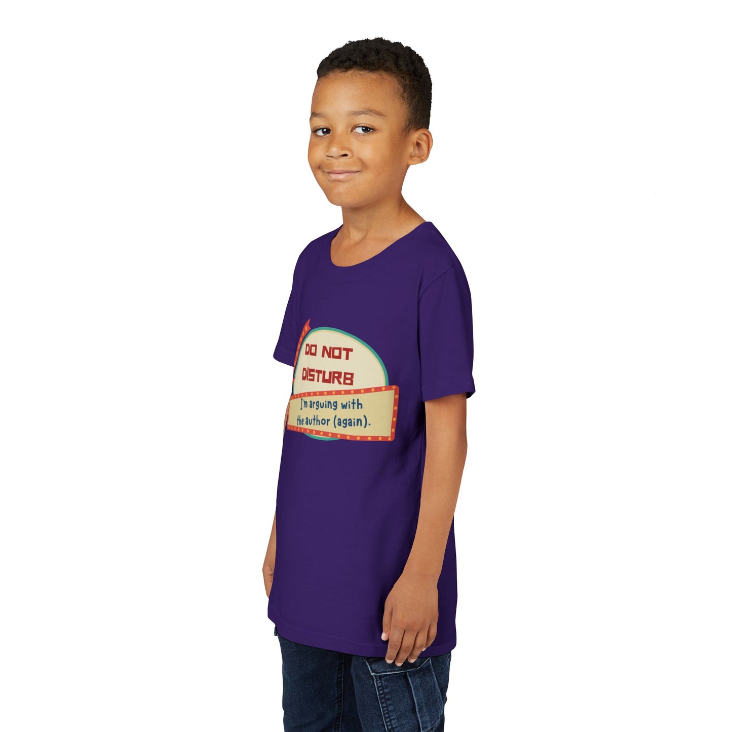 Boy wearing a purple t-shirt with a do not disturb sign and text 'I'm arguing with the author (again).'