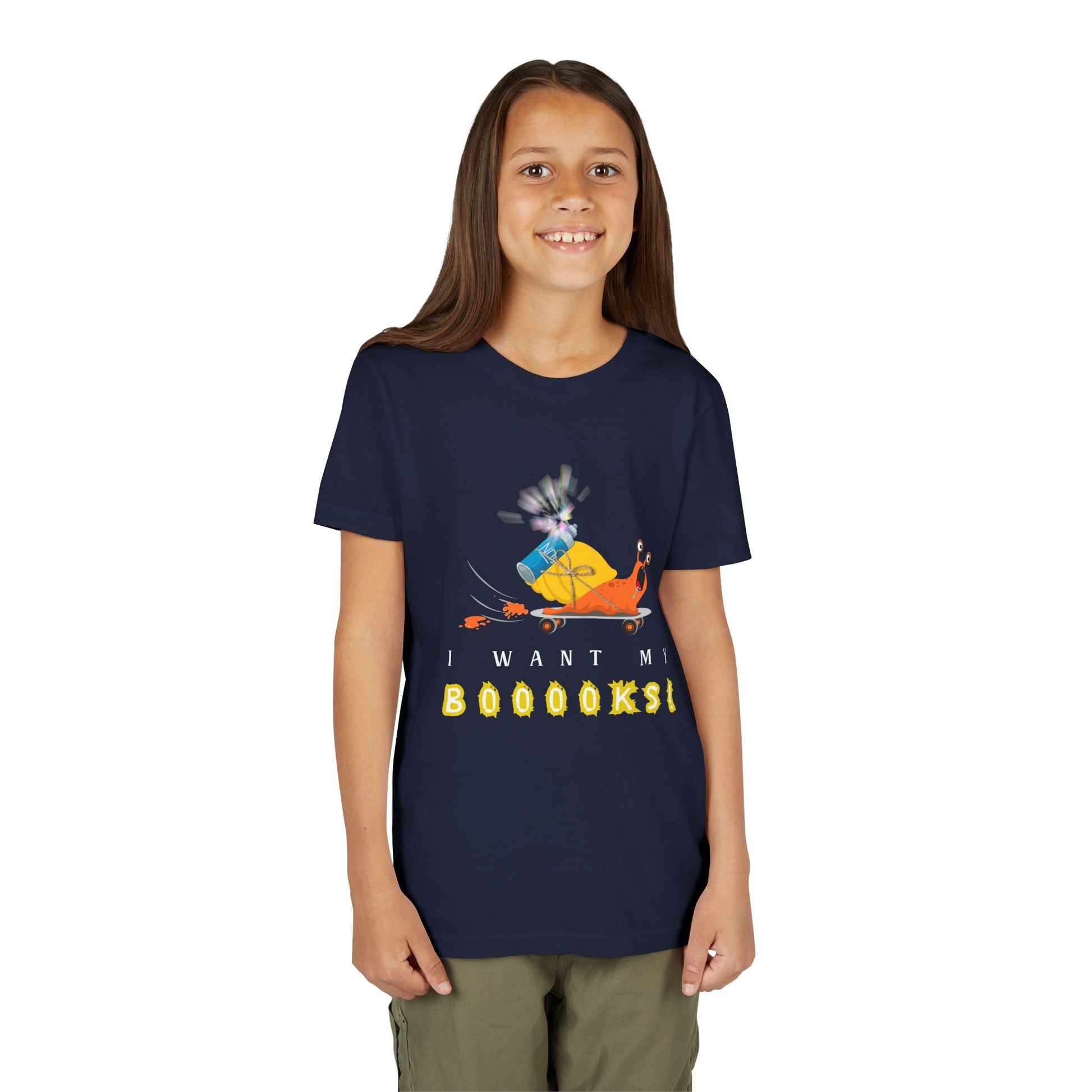 Girl wearing a navy blue t-shirt with screaming cartoon snail on a skateboard, NOS strapped to it's back, and text 'I want my Boooks!' 