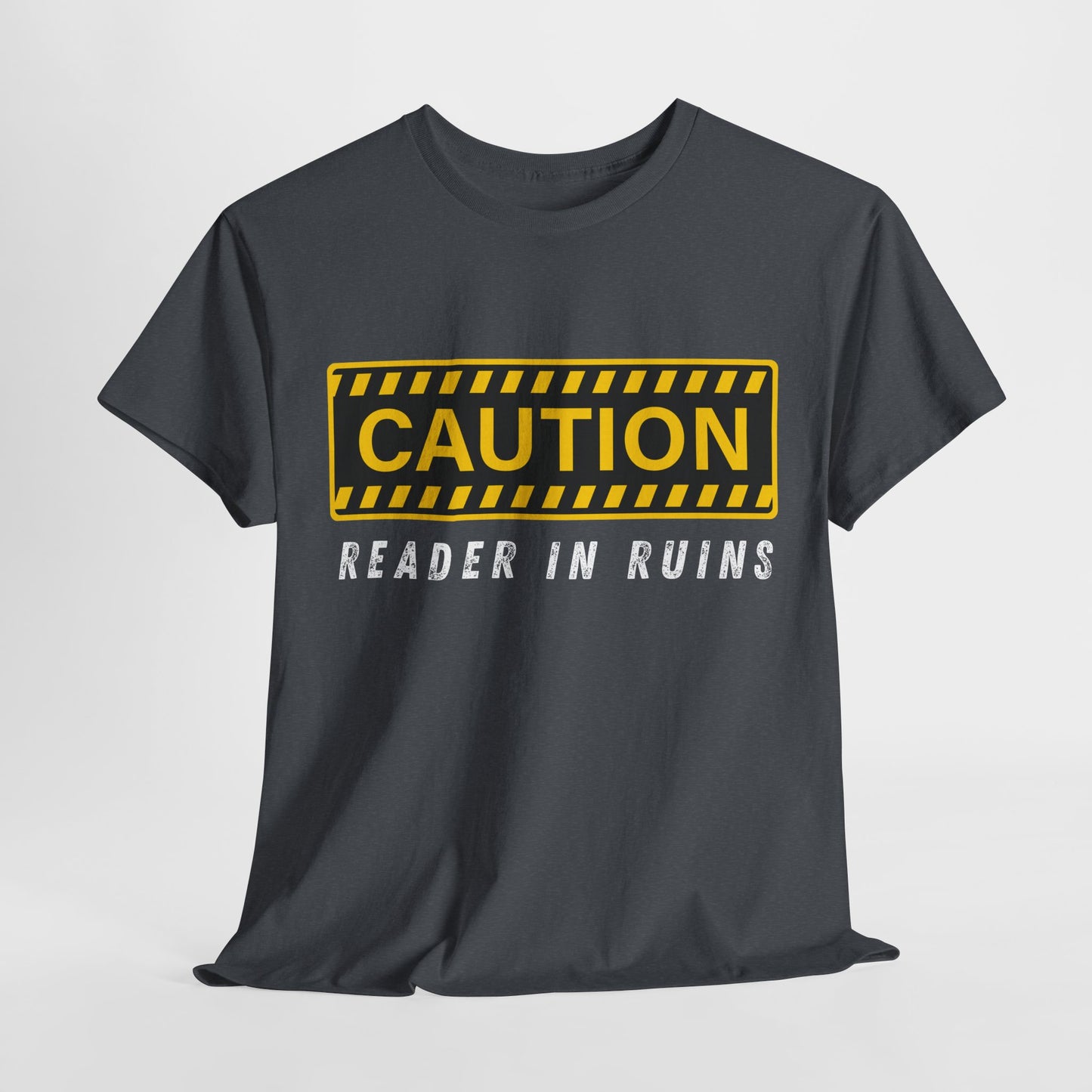 Teen/Adult Unisex Tee – CAUTION: Reader in Ruins (Yellow Caution)