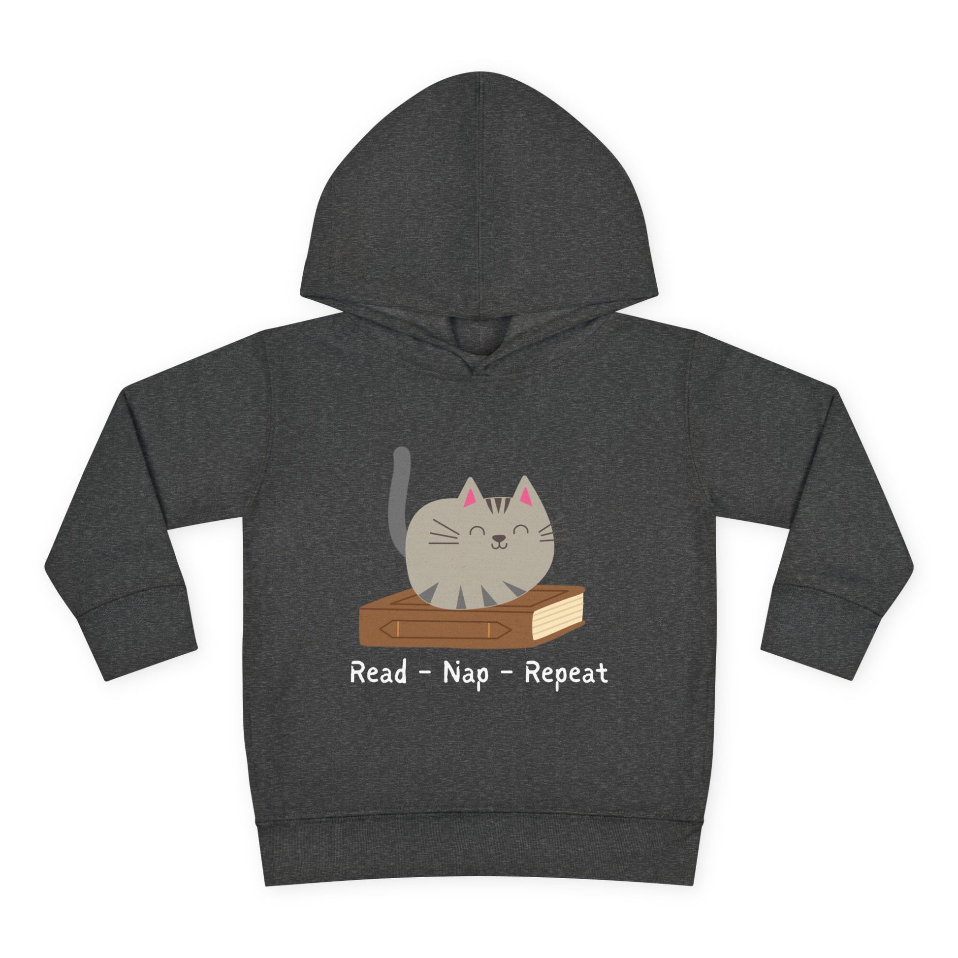Dark gray toddler hoodie with a gray cat graphic sitting on a book and text 'Read - Nap - Repeat' 