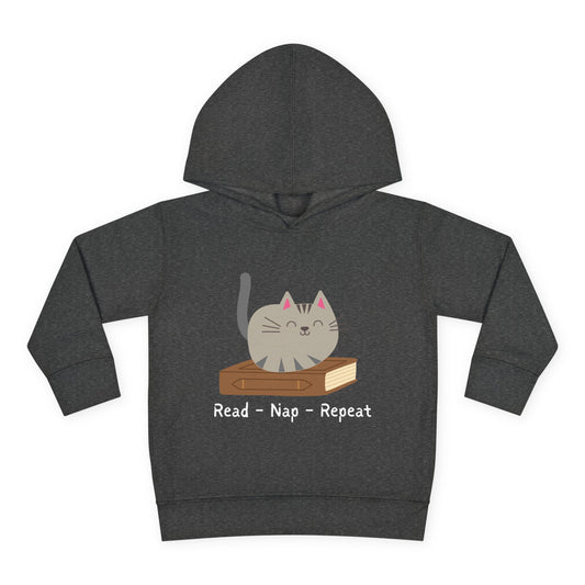Dark gray toddler hoodie with a gray cat graphic sitting on a book and text 'Read - Nap - Repeat' 