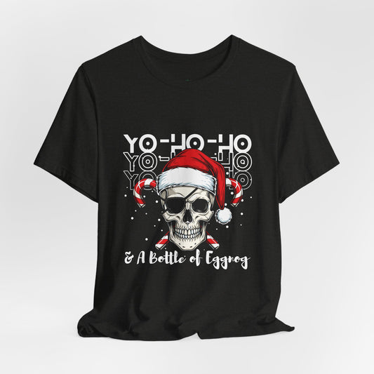 Black t-shirt with a skull wearing a Santa hat and candy cane text on a white background