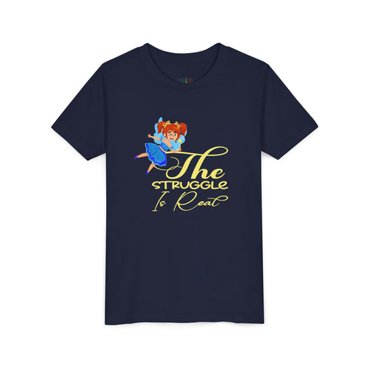 Navy blue t-shirt with cartoon fairy and 'The Struggle Is Real' text 