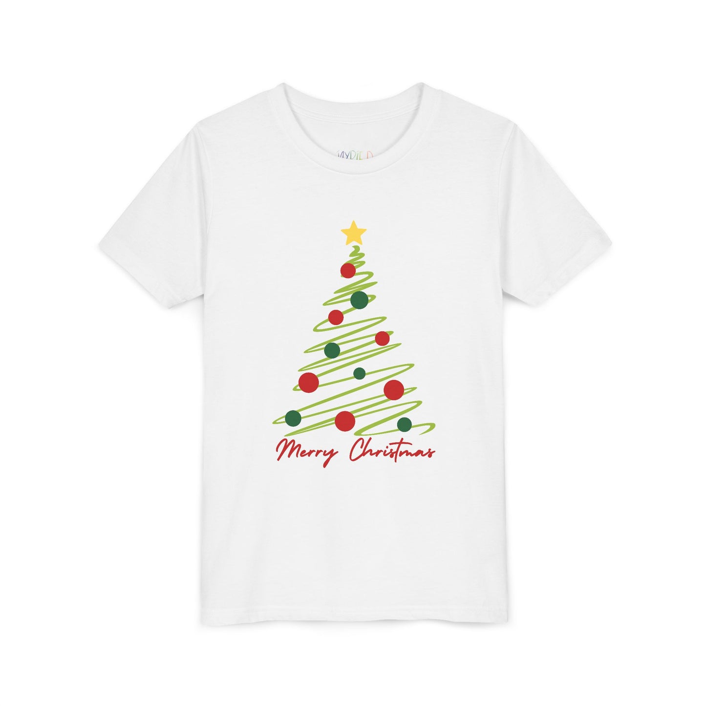 White t-shirt with a Christmas tree design and 'Merry Christmas' text on a white background