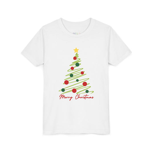 White t-shirt with a Christmas tree design and 'Merry Christmas' text on a white background