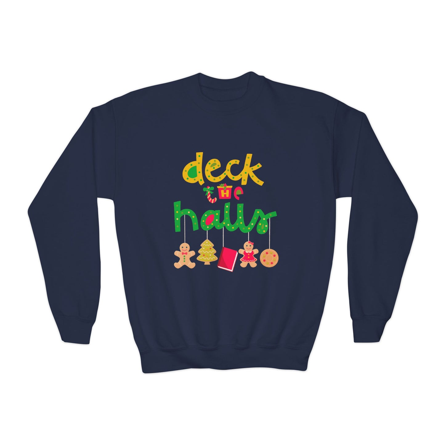 Navy blue sweatshirt with colorful 'deck the halls' text and Christmas-themed goodies dangling at the bottom
