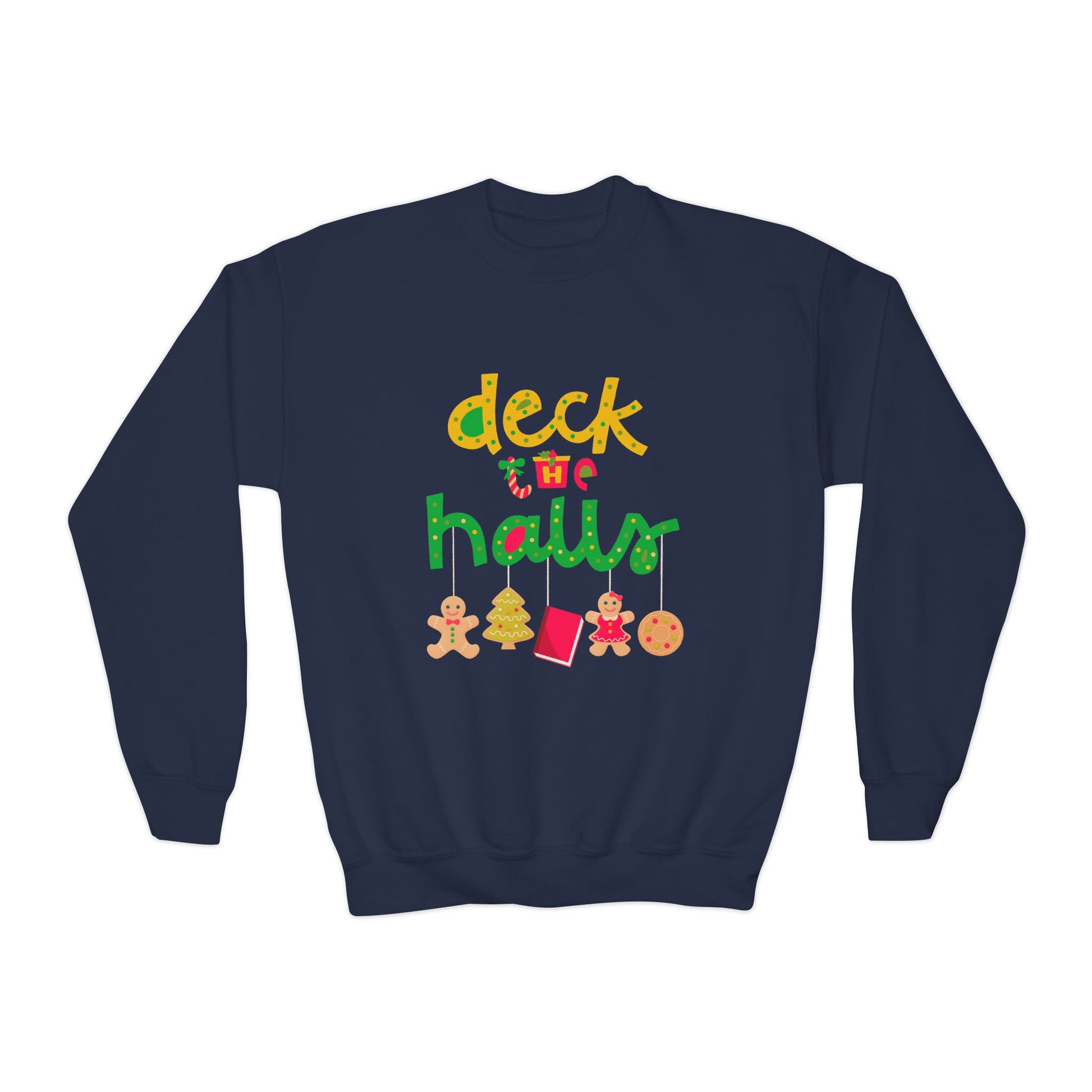 Navy blue sweatshirt with colorful 'deck the halls' text and Christmas-themed goodies dangling at the bottom