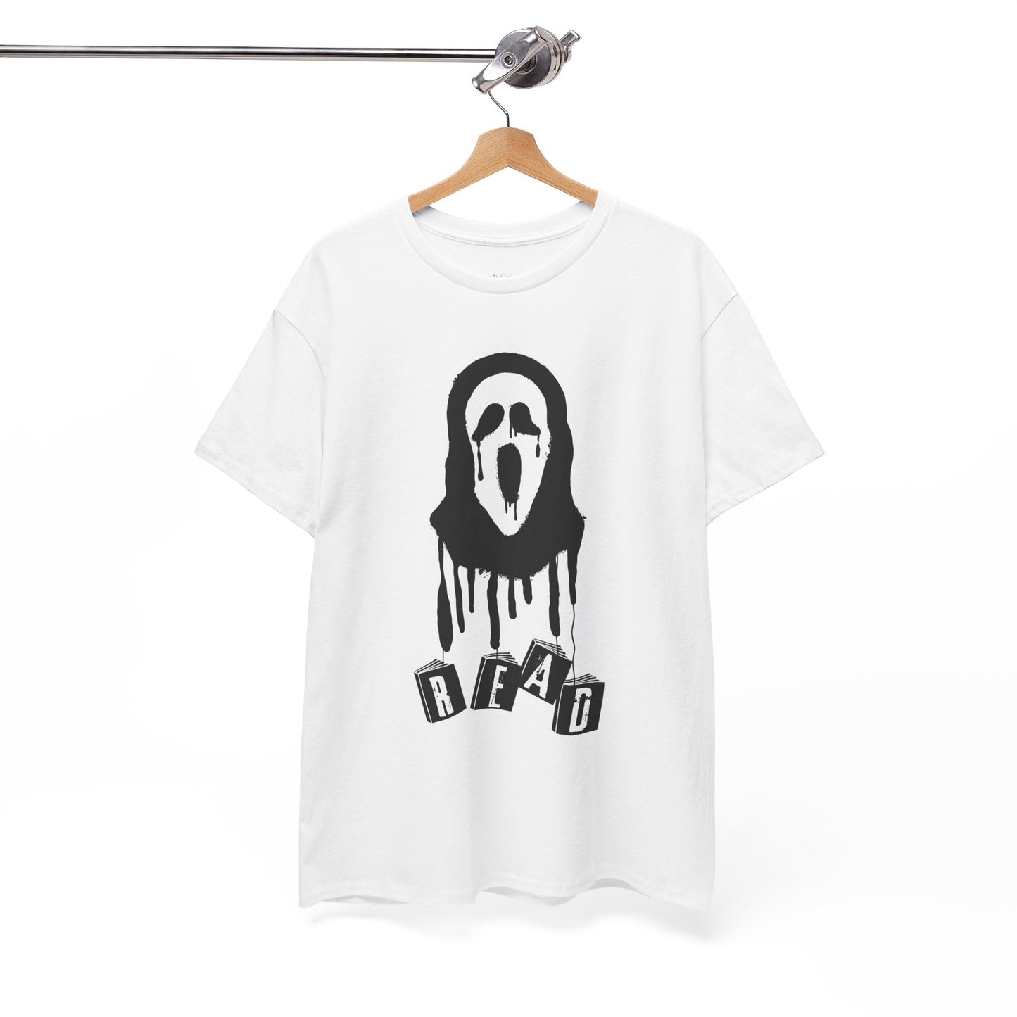 White t-shirt with a white graphic of the scream mask with dangling books that spell out 'READ' on a hanger against a white background