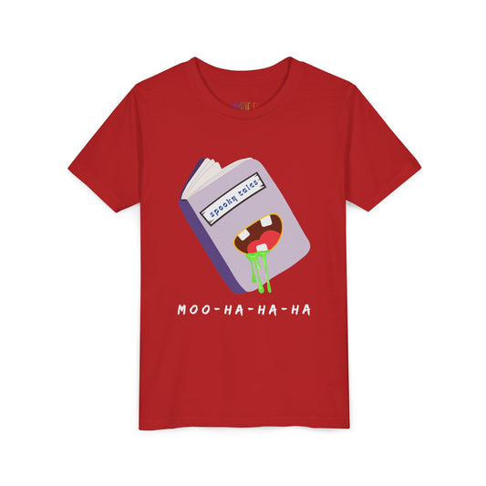 Red t-shirt with a graphic design of a book titled 'Spooky Tales' and a green drooling mouth on the cover, text 'Moo-Ha-Ha-Ha' at the bottom