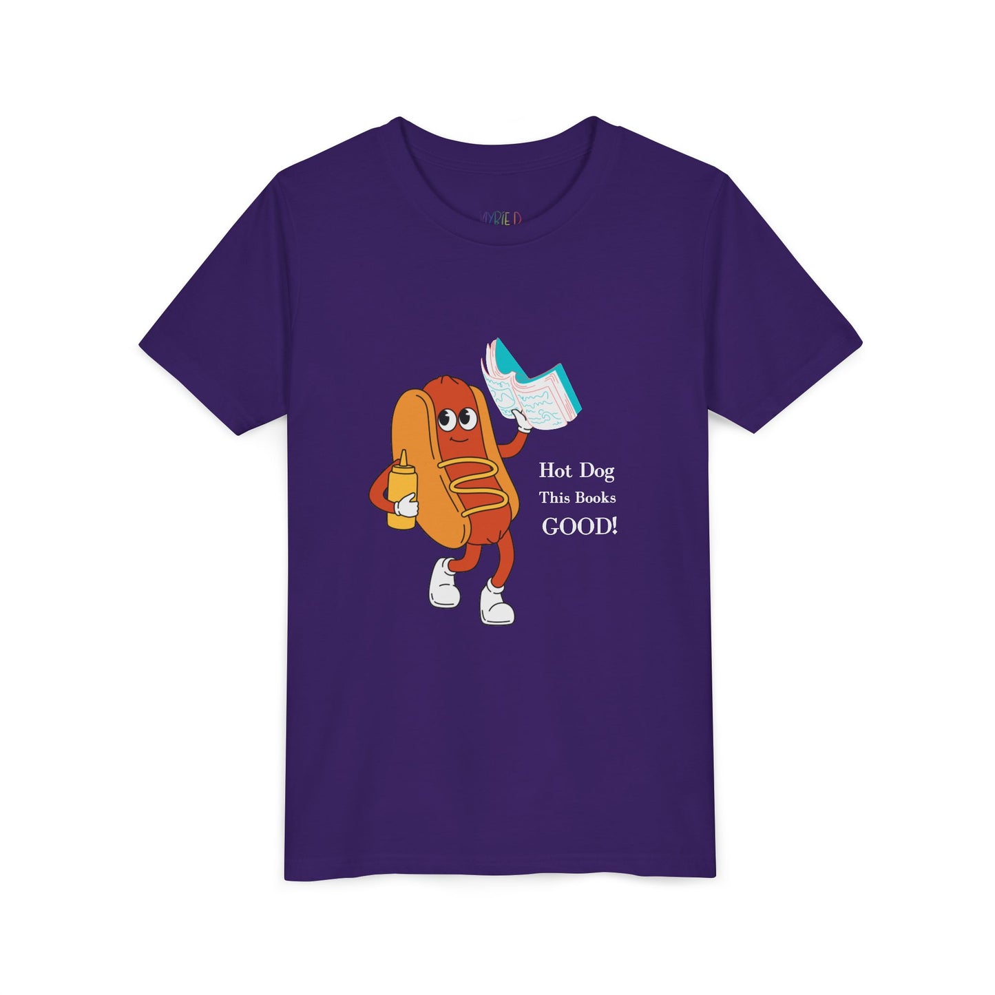 Purple t-shirt with a cartoon hot dog character holding a blue book and text 'hot dog this books good'