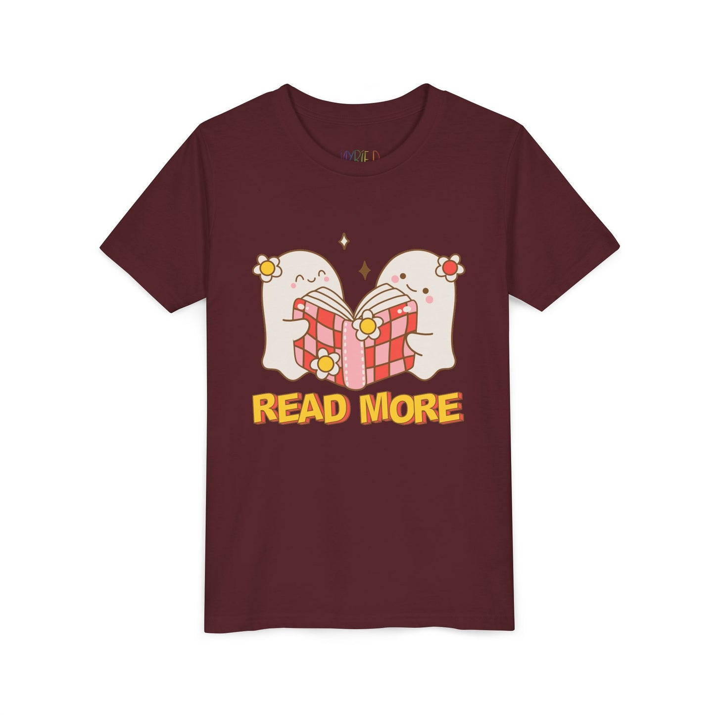 Maroon t-shirt with cartoon ghosts reading a shared book and 'Read More' text 