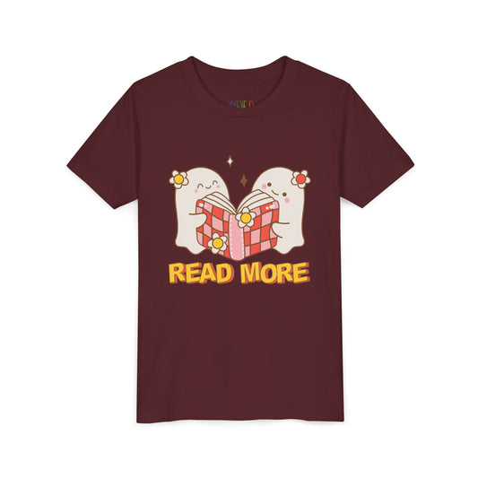 Maroon t-shirt with cartoon ghosts reading a shared book and 'Read More' text 