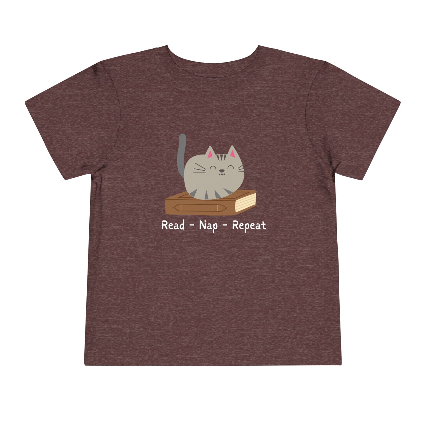 Maroon t-shirt with a cat sitting on a book with text 'Read - Nap - Repeat' 