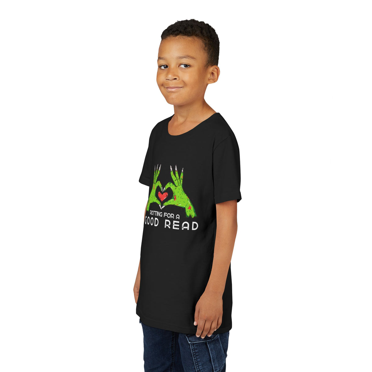 boy wearing a black t-shirt with two zombie hands holding a heart and text "rotting for a good read"