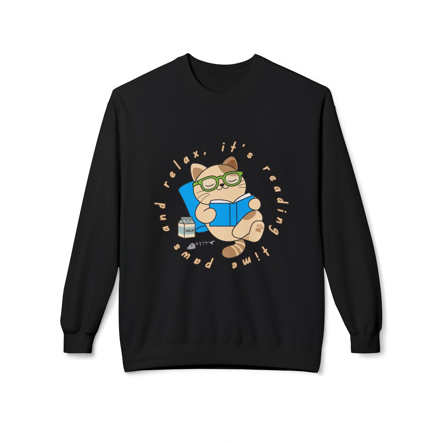 Black sweatshirt with a cat reading a book graphic and text 'Paws and relax, it's reading time'