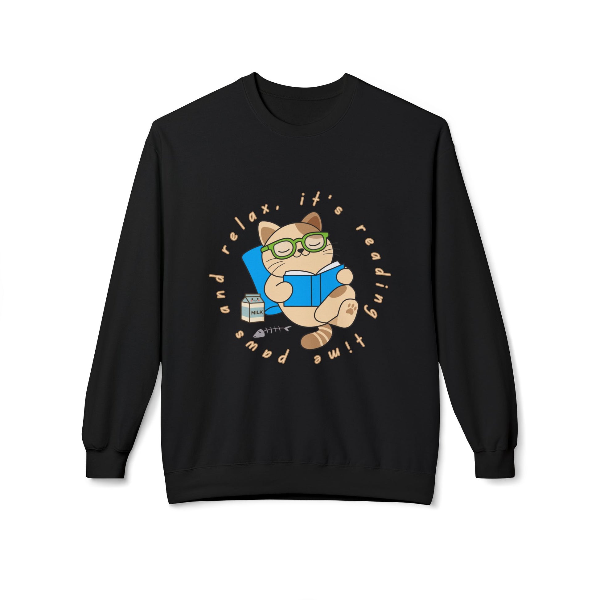 Black sweatshirt with a cat reading a book graphic and text 'Paws and relax, it's reading time'