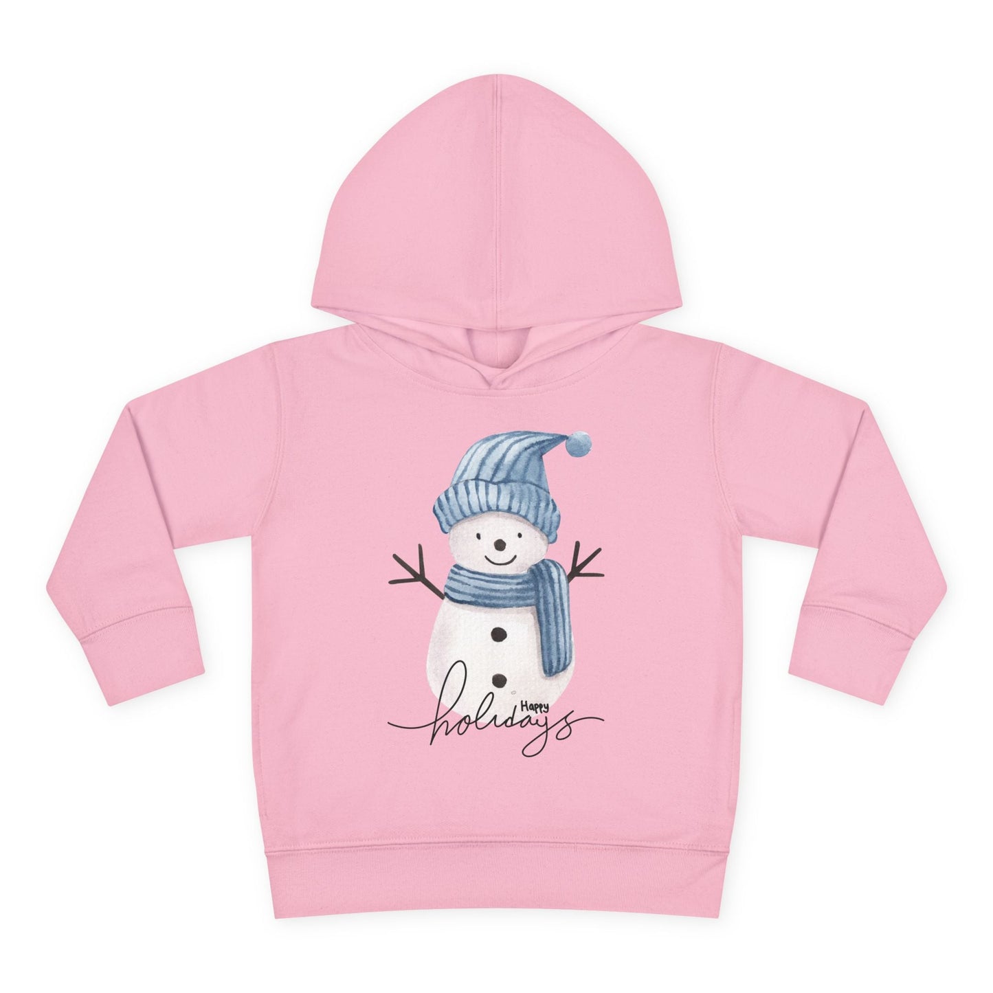 Pink toddler hoodie with a snowman, wearing a blue scarf and hat, text 'Happy Holidays' on a white background