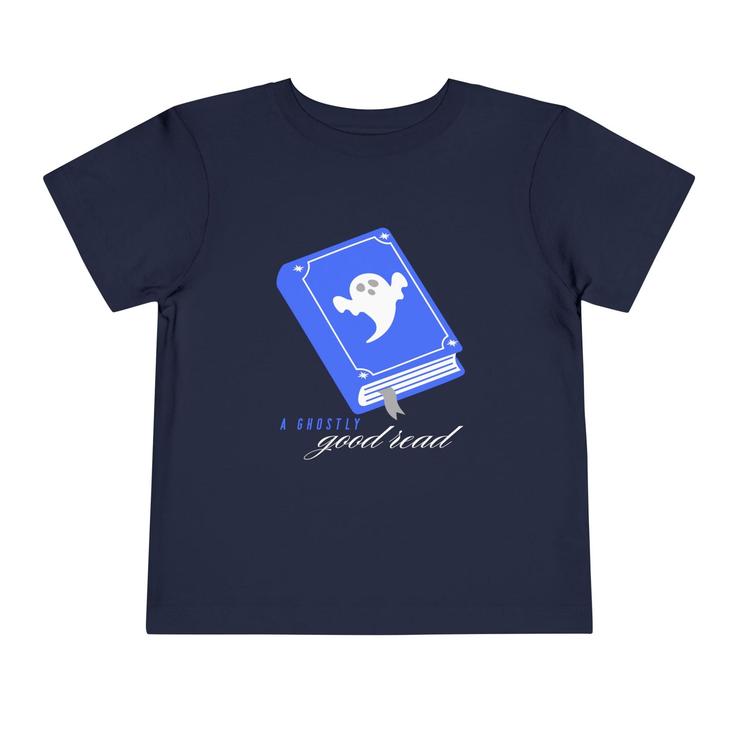 Navy t-shirt with blue book with a ghost on the cover and text 'A ghostly good read' 