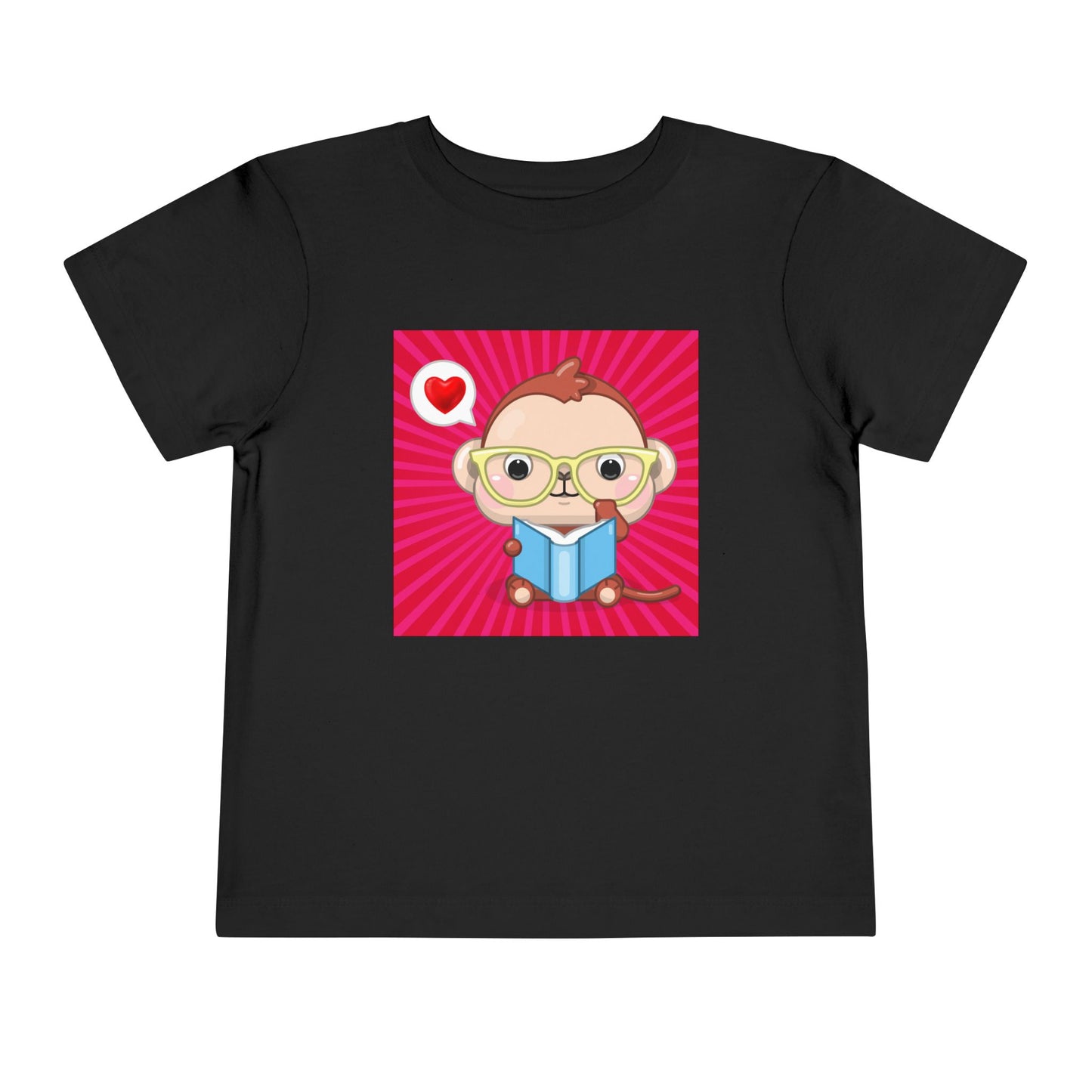 Black t-shirt with a cartoon monkey in yellow eye glasses, reading a book, a heart thought bubble and red background