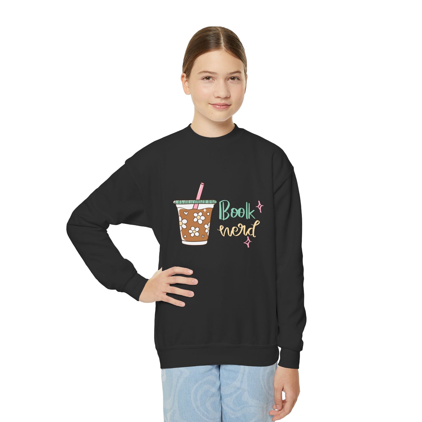 Girl wearing a black sweatshirt with a iced coffee and 'Book Nerd' text 