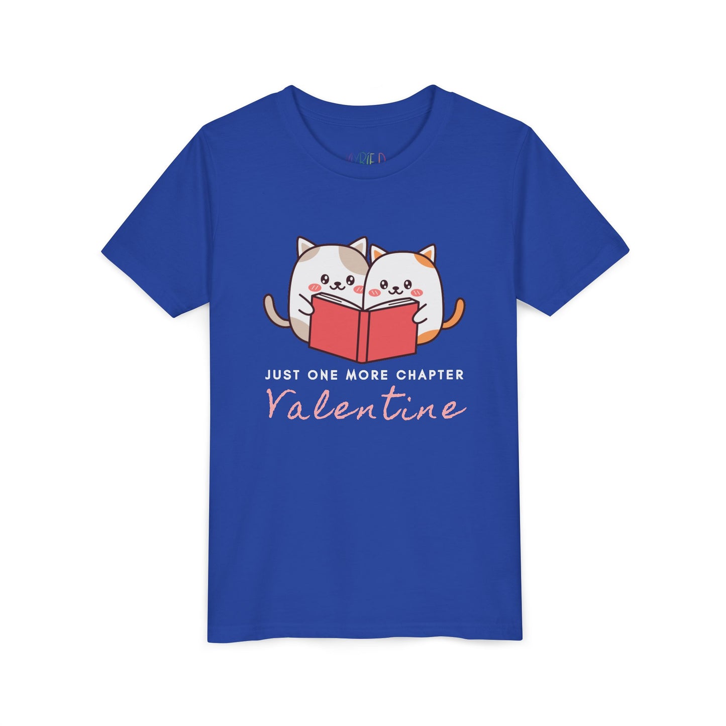 Blue t-shirt with two cartoon cats reading a book and 'Just One More Chapter Valentine' text 