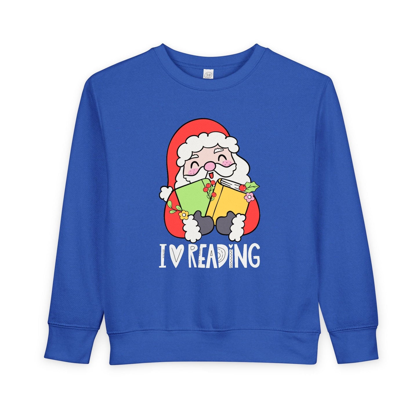 Blue toddler sweatshirt with a cartoon Santa Claus holding books and 'I love reading' text on a white background