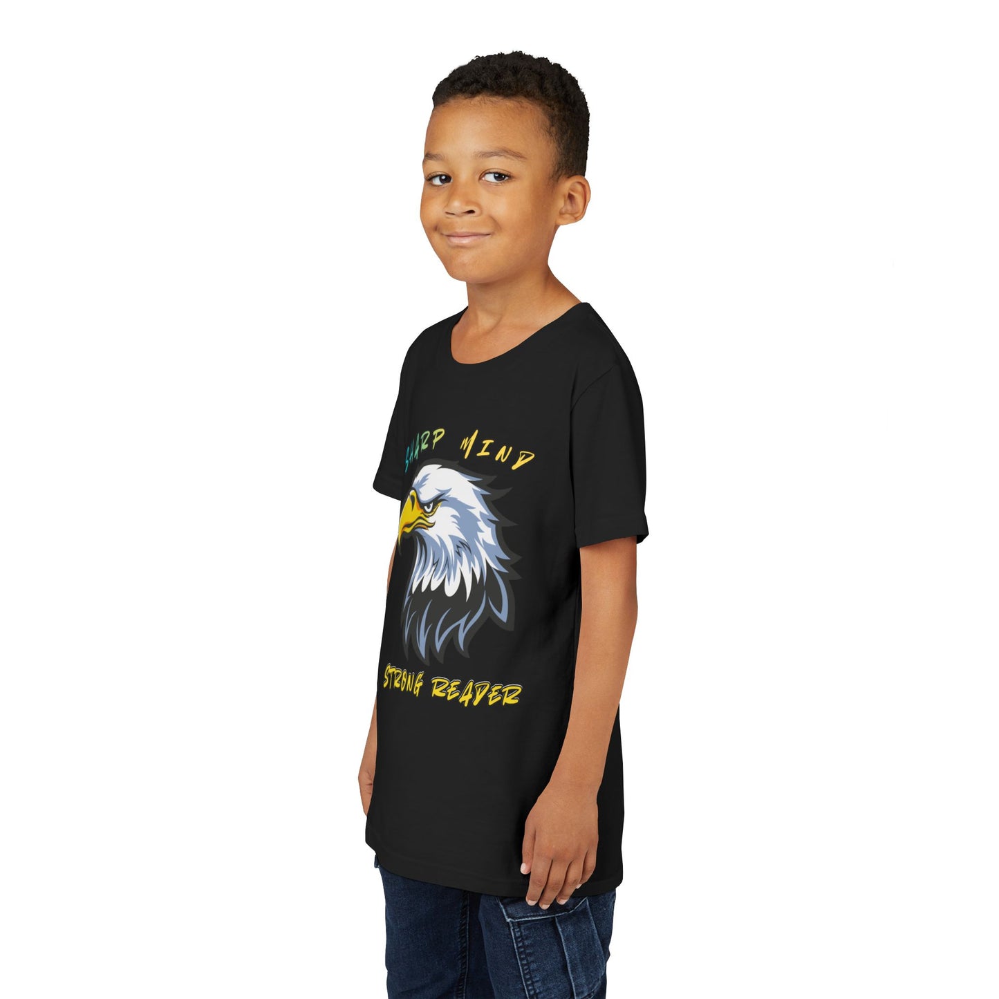 Boy wearing a black t-shirt with an eagle graphic and colorful text 'Sharp Mind Strong Reader'