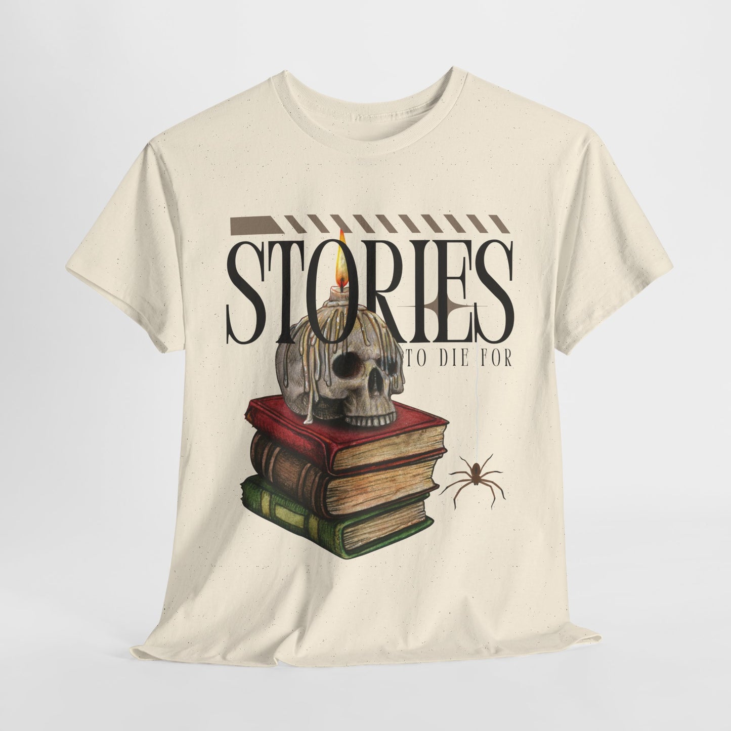 Teen/Adult Unisex Stories to Die For T-Shirt – Skull & Books Horror Reader Tee