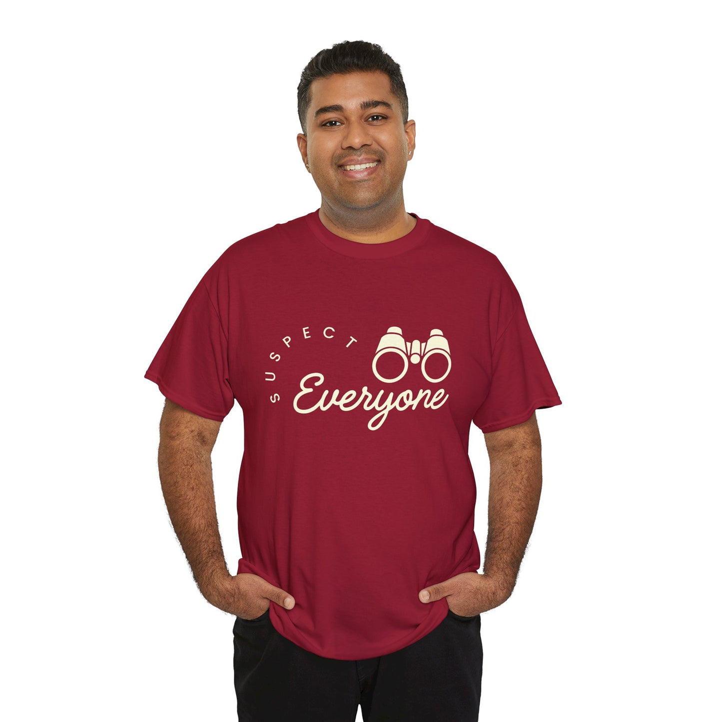 Man wearing a red t-shirt with 'Suspect Everyone' text and binoculars graphic 