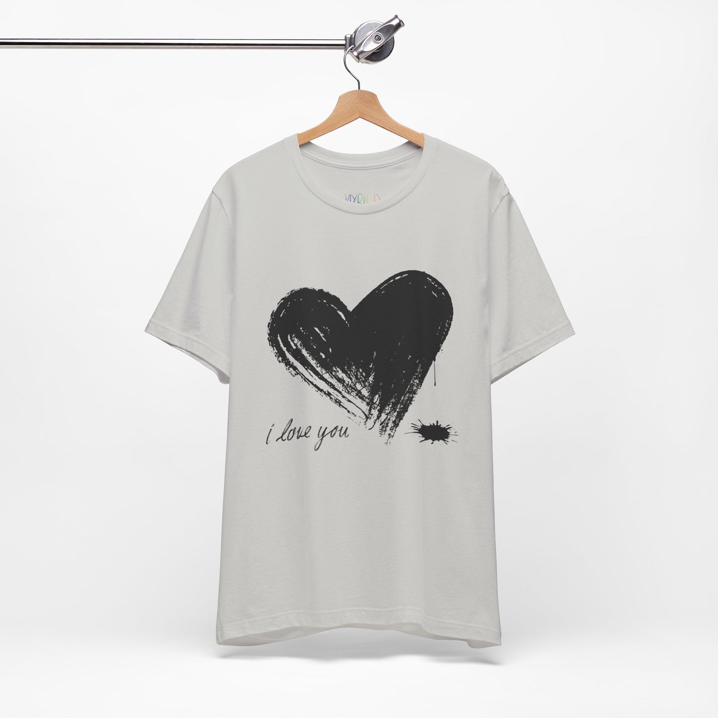 Silver t-shirt with a black sketched heart dripping ink and text 'I Love You' 
