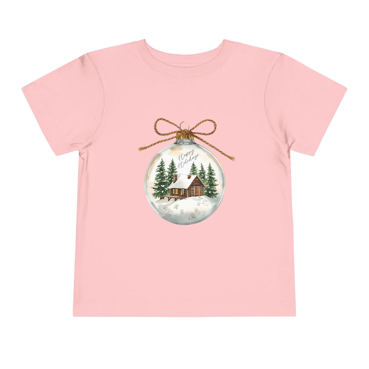 Pink toddler t-shirt with a Christmas-themed ornament graphic featuring a cabin and trees 