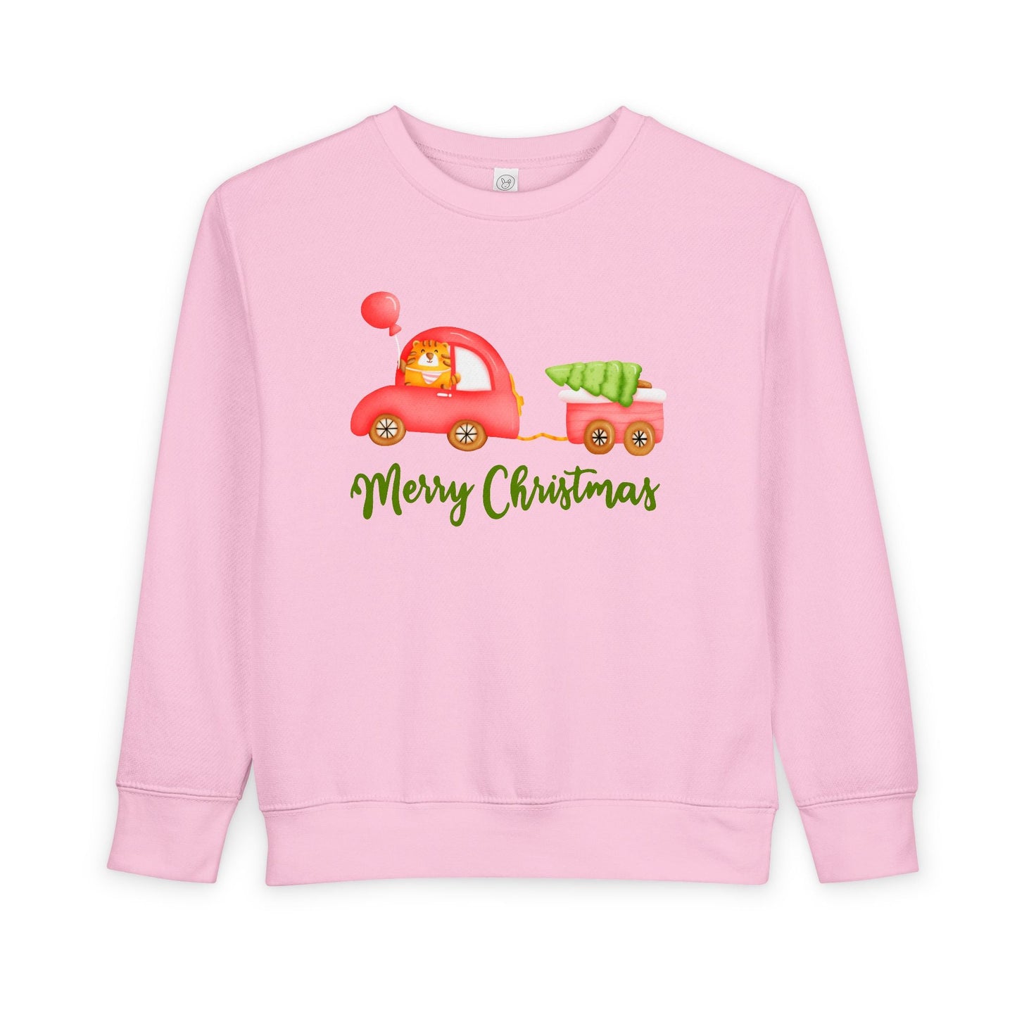 Pink toddler sweatshirt with a Christmas-themed design of a tiger driving a red car that is pulling a trailer with a tree and 'Merry Christmas' text.