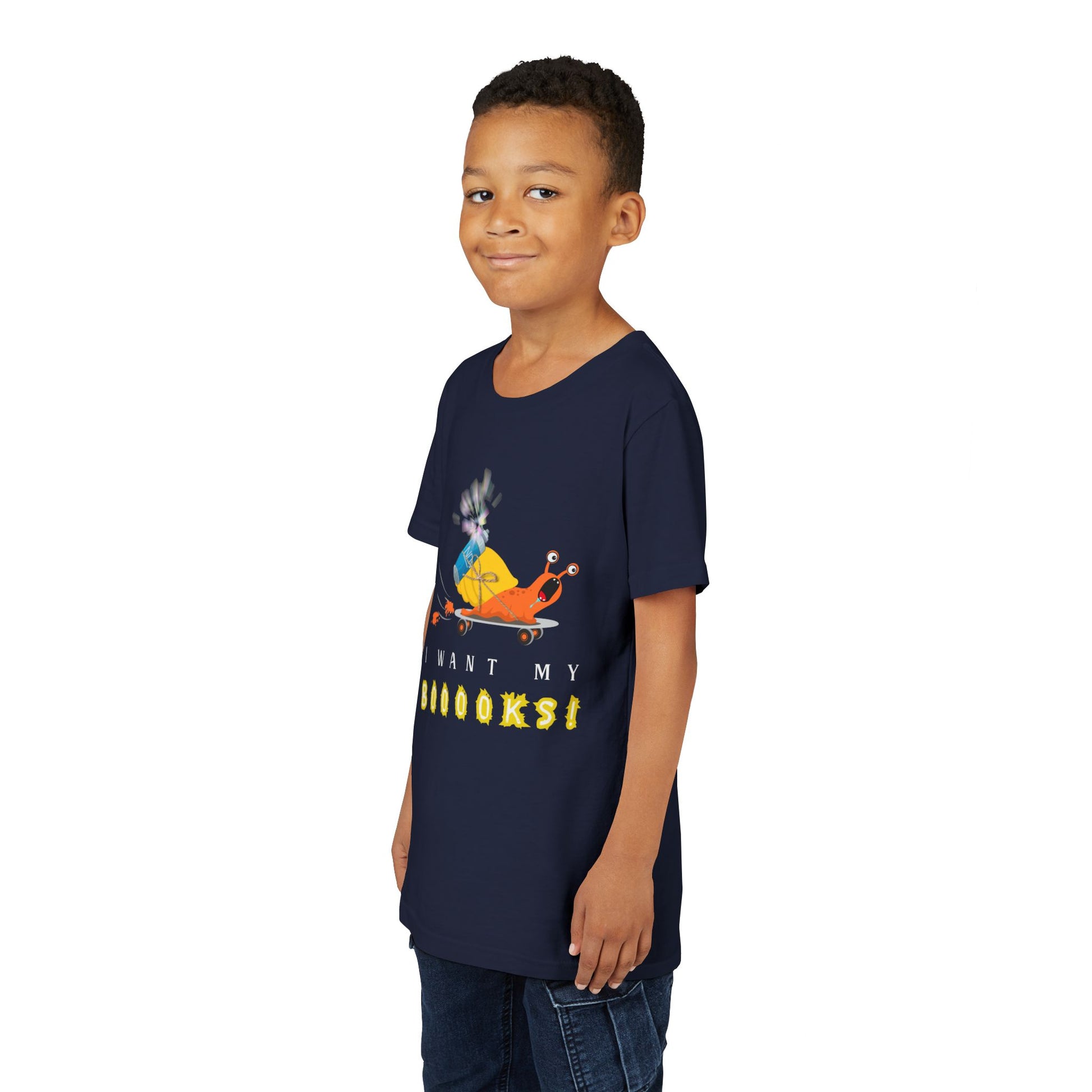Boy wearing a navy blue t-shirt with screaming cartoon snail on a skateboard, NOS strapped to it's back, and text 'I want my Boooks!' 