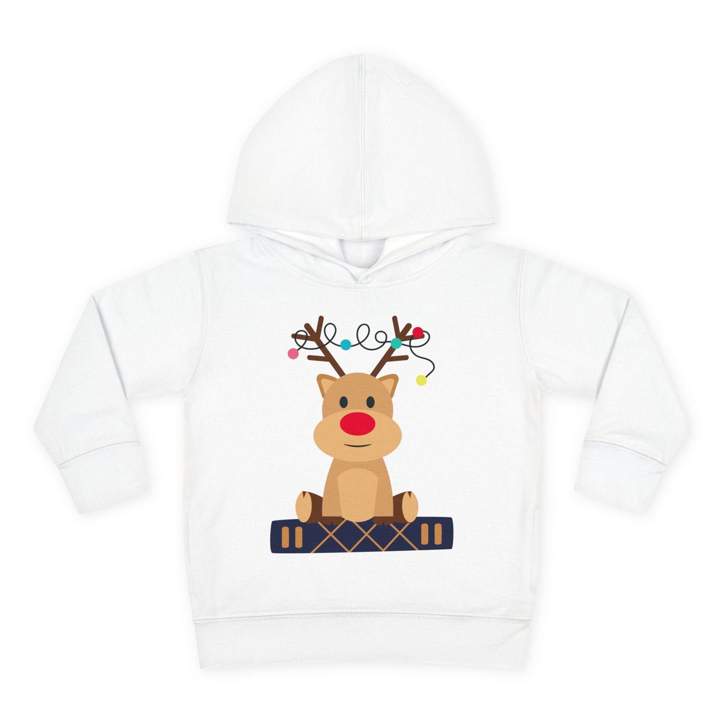 White toddler hoodie with a reindeer sitting on a book and colorful Christmas lights tangled in it's antlers, on a white background