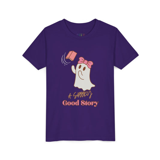 Purple t-shirt with ghost trying to catch a haunted book and text 'A Spooky Good Story'