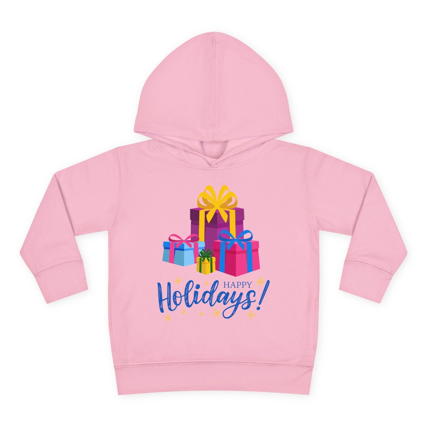 Pink toddler hoodie with colorful gift boxes and 'Happy Holidays!' text on a white background