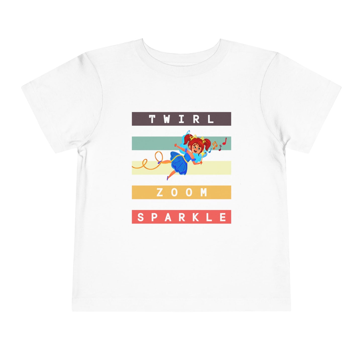 White toddler t-shirt with a flying fairy and text in colorful stripes 'twirl, zoom sparkle' 