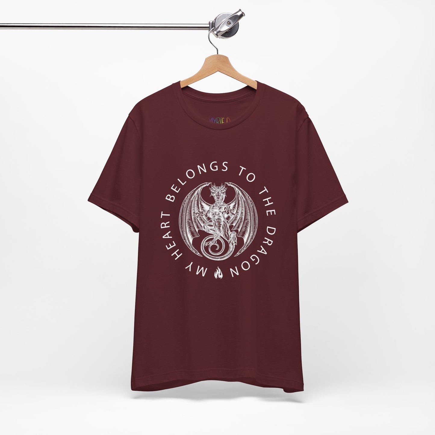 Maroon t-shirt with dragon graphic circled by text 'My Heart Belongs To The Dragon'