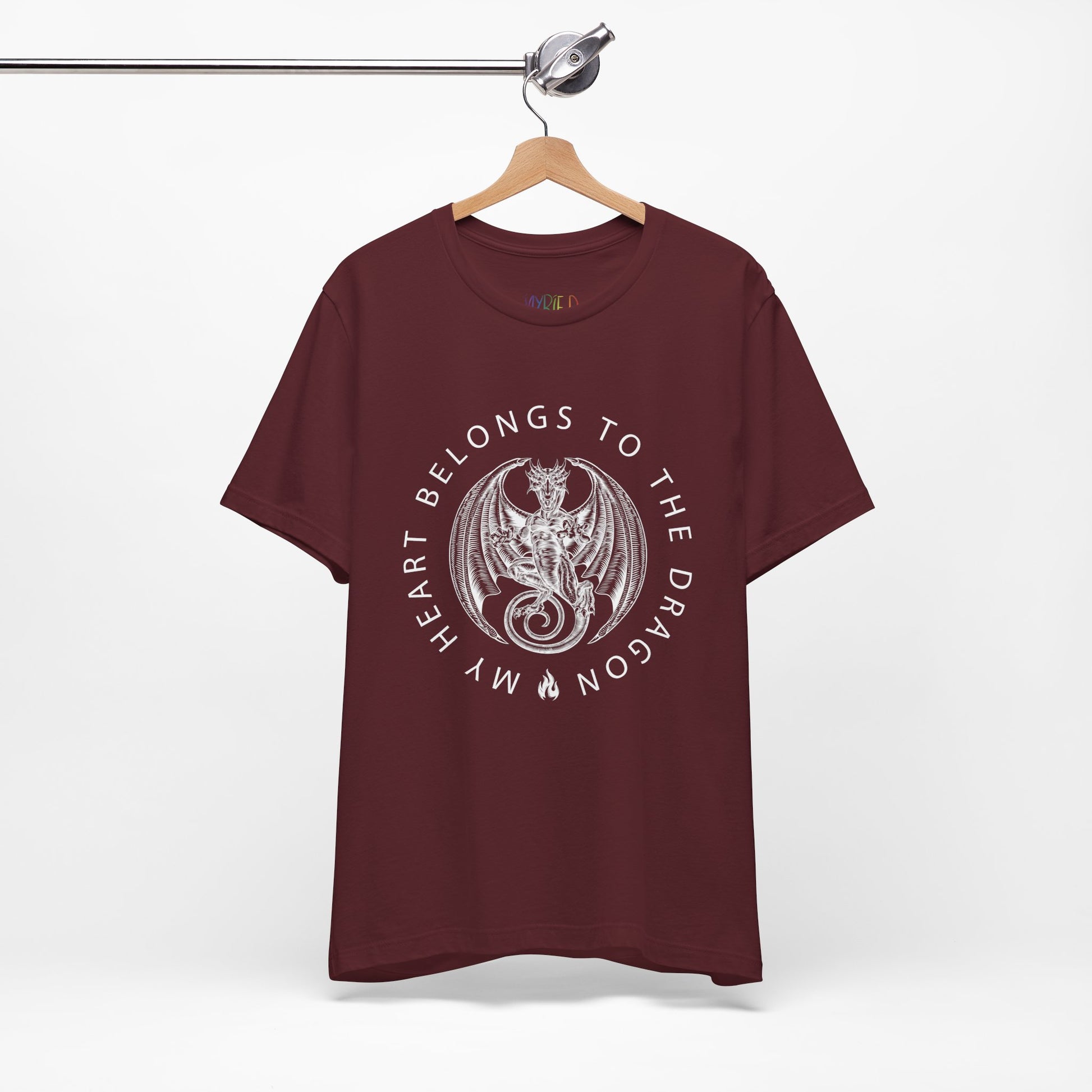 Maroon t-shirt with dragon graphic circled by text 'My Heart Belongs To The Dragon'