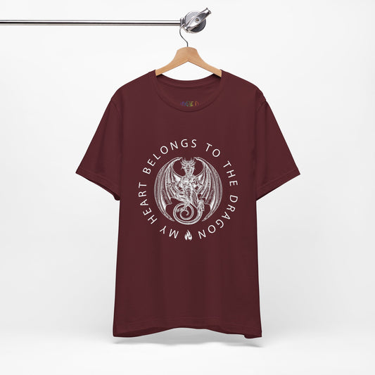 Maroon t-shirt with dragon graphic circled by text 'My Heart Belongs To The Dragon'
