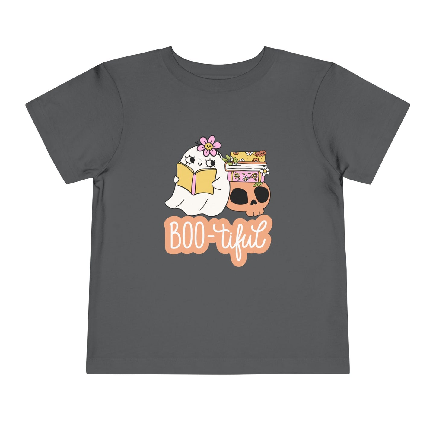 Gray toddler t-shirt with a ghost reading a book and the word 'BOO-tiful' on a white background
