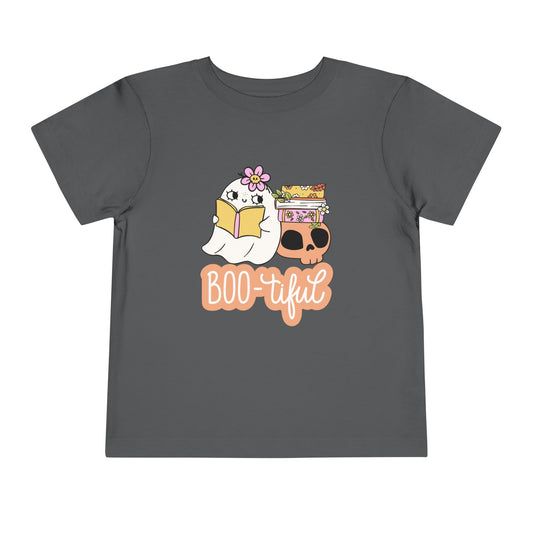 Gray toddler t-shirt with a ghost reading a book and the word 'BOO-tiful' on a white background